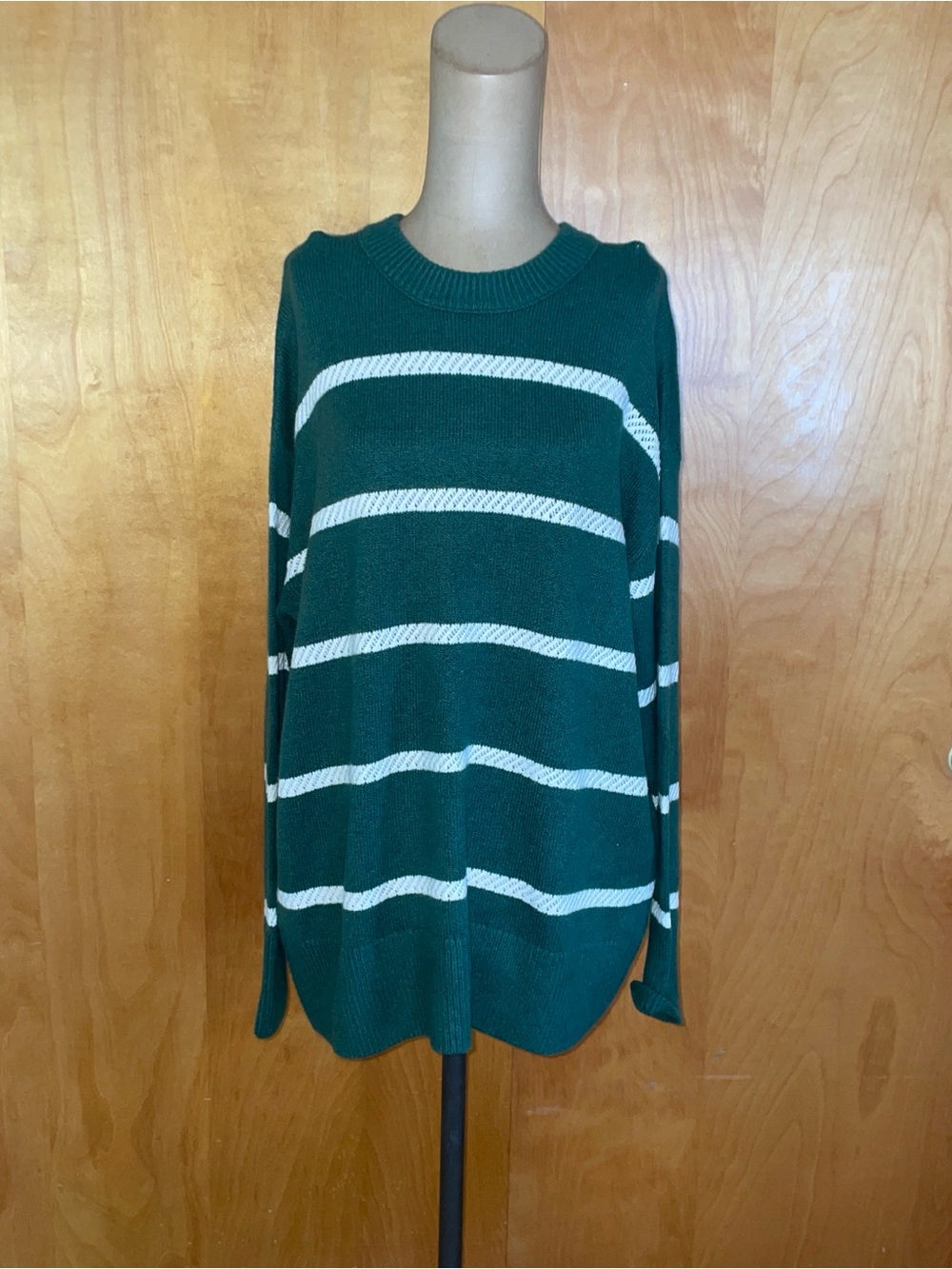aerie Dark Green and White Striped Crewneck Sweater